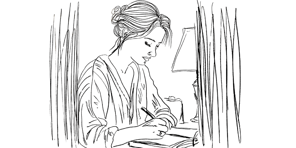 Hands writing by a window — daily practice of being rooted and present (Mibosma illustration)