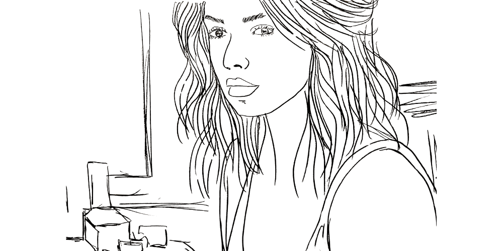 Woman writing quietly by a window — reflection of silence as a daily ritual (Mibosma illustration)