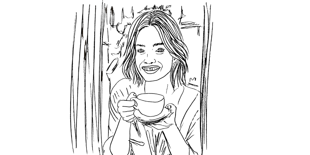 How I stay close to myself — woman smiling softly while holding a warm cup, symbol of gentle self-connection (Mibosma illustration)