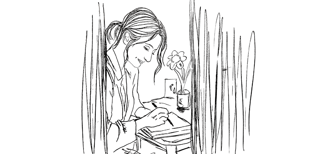 Woman journaling by the window — a moment of quiet reflection and self-connection (Mibosma illustration)