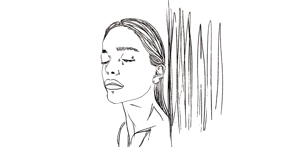 Peace within — calm portrait of woman with closed eyes, grounded amid outer noise (Mibosma illustration)