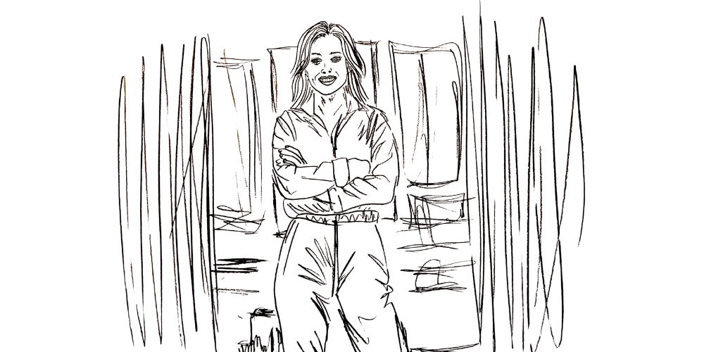 Self-connection is my most sacred ritual — woman standing calmly with folded arms, grounded in presence (Mibosma illustration)