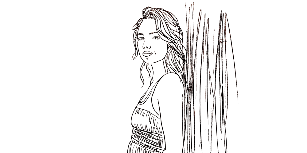 Soft portrait — woman standing calmly outdoors, feeling harmony within chaos (Mibosma illustration)