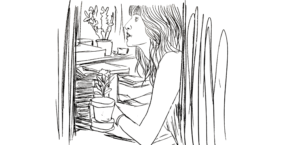 Woman journaling near plants — symbol of self-connection through mindful rituals (Mibosma illustration)