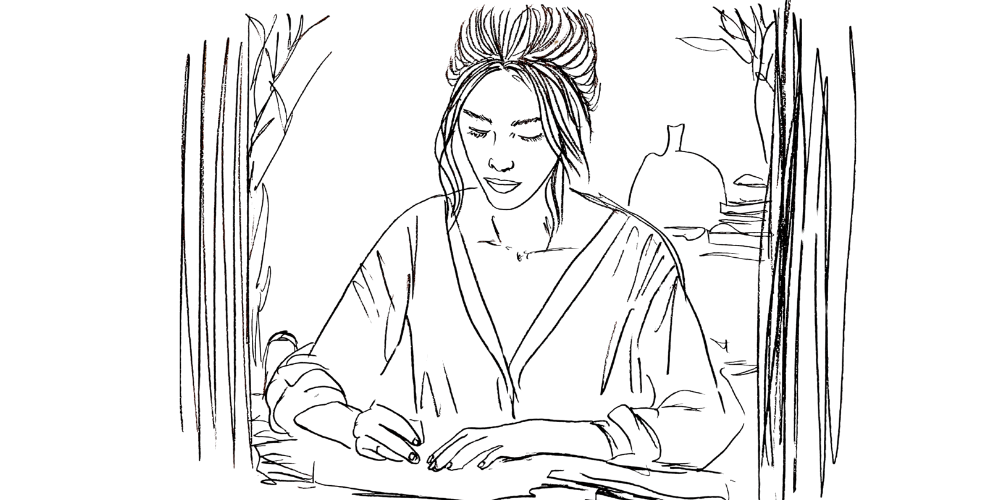 Eyes lowered in gentle presence — choosing rhythm over rush (Mibosma illustration)