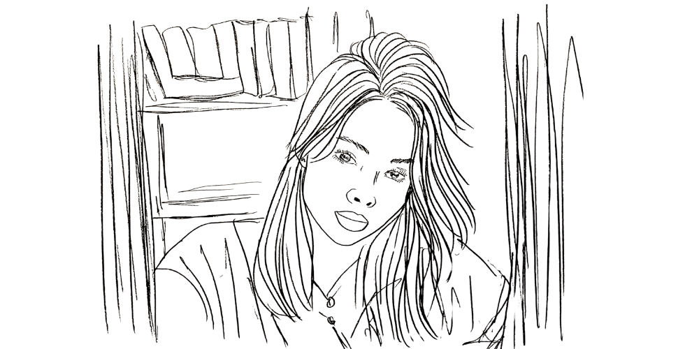 Woman near tall grasses, half-smile — everyday ritual of mindful tea and window light (Mibosma illustration)