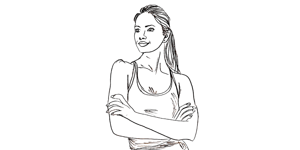 Confident stance — arms crossed, inner calm and self-respect (Mibosma illustration)