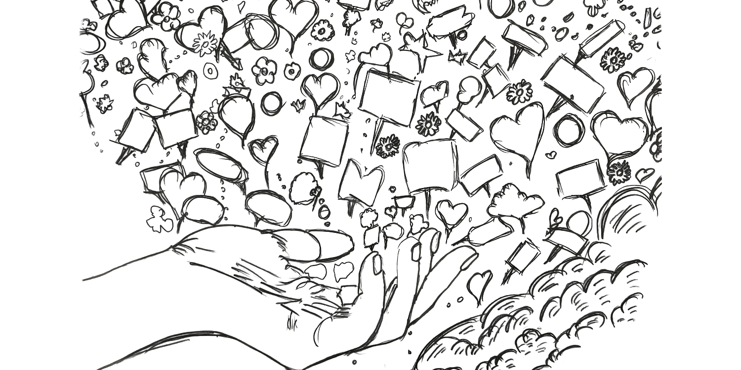 Hand-drawn illustration symbolizing many unspoken inner emotional states, gently flowing through a human hand.