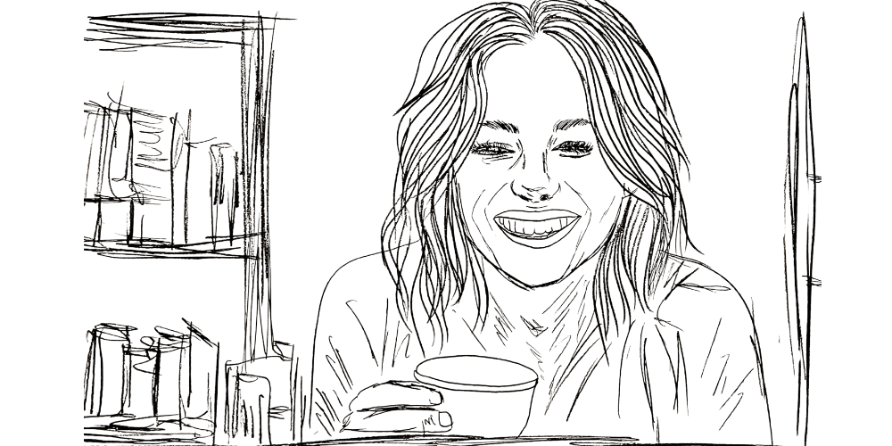 Woman quietly holding a warm cup, sitting in a calm everyday moment – Mibosma illustration