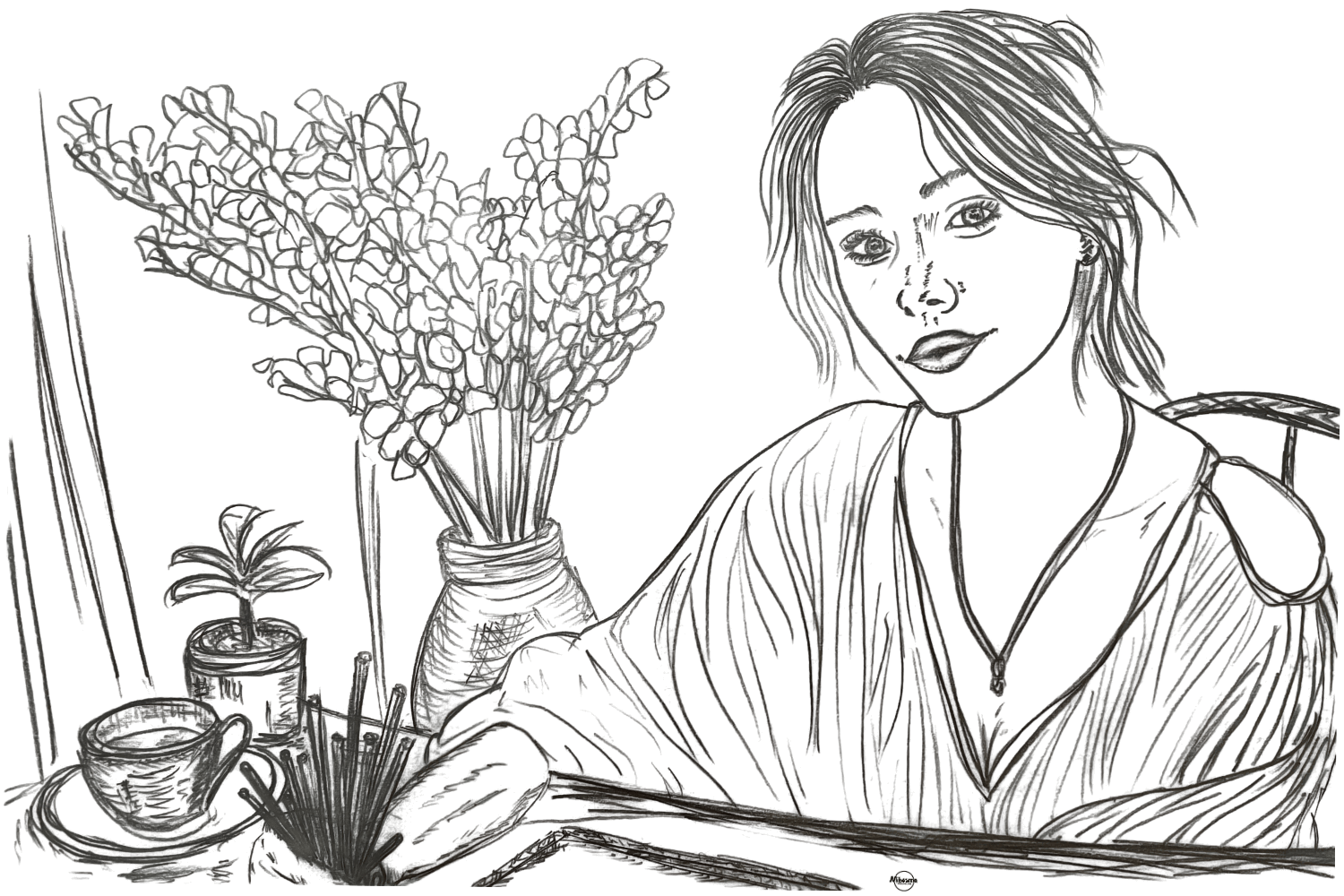 pencil sketch of a woman sitting calmly at a desk with flowers and a cup of coffee, symbolizing creating without performing