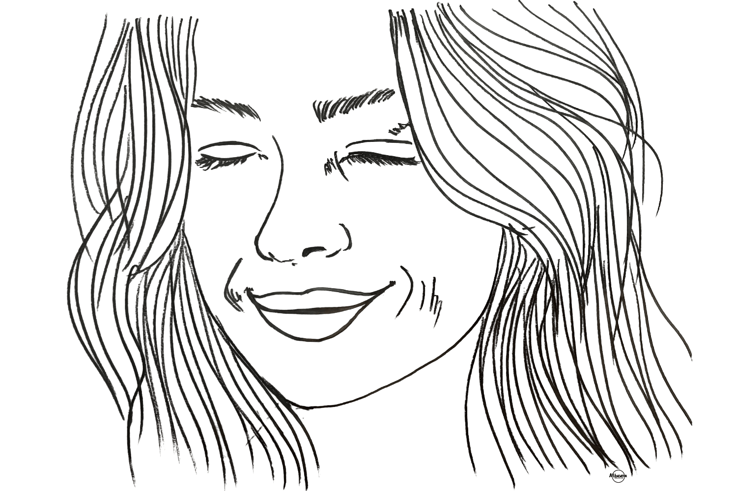black and white illustration of a woman gently smiling while sitting in soft light, symbolizing rediscovering joy and playfulness