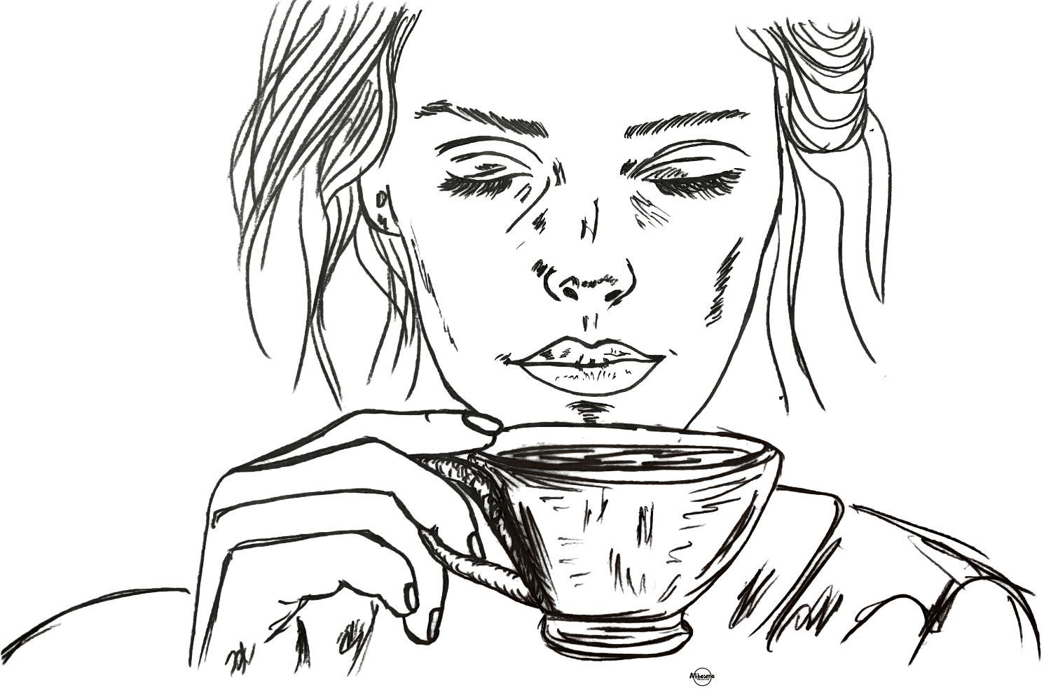 black and white pencil sketch of a calm woman holding a cup, symbolizing grounded communication and speaking truth without force