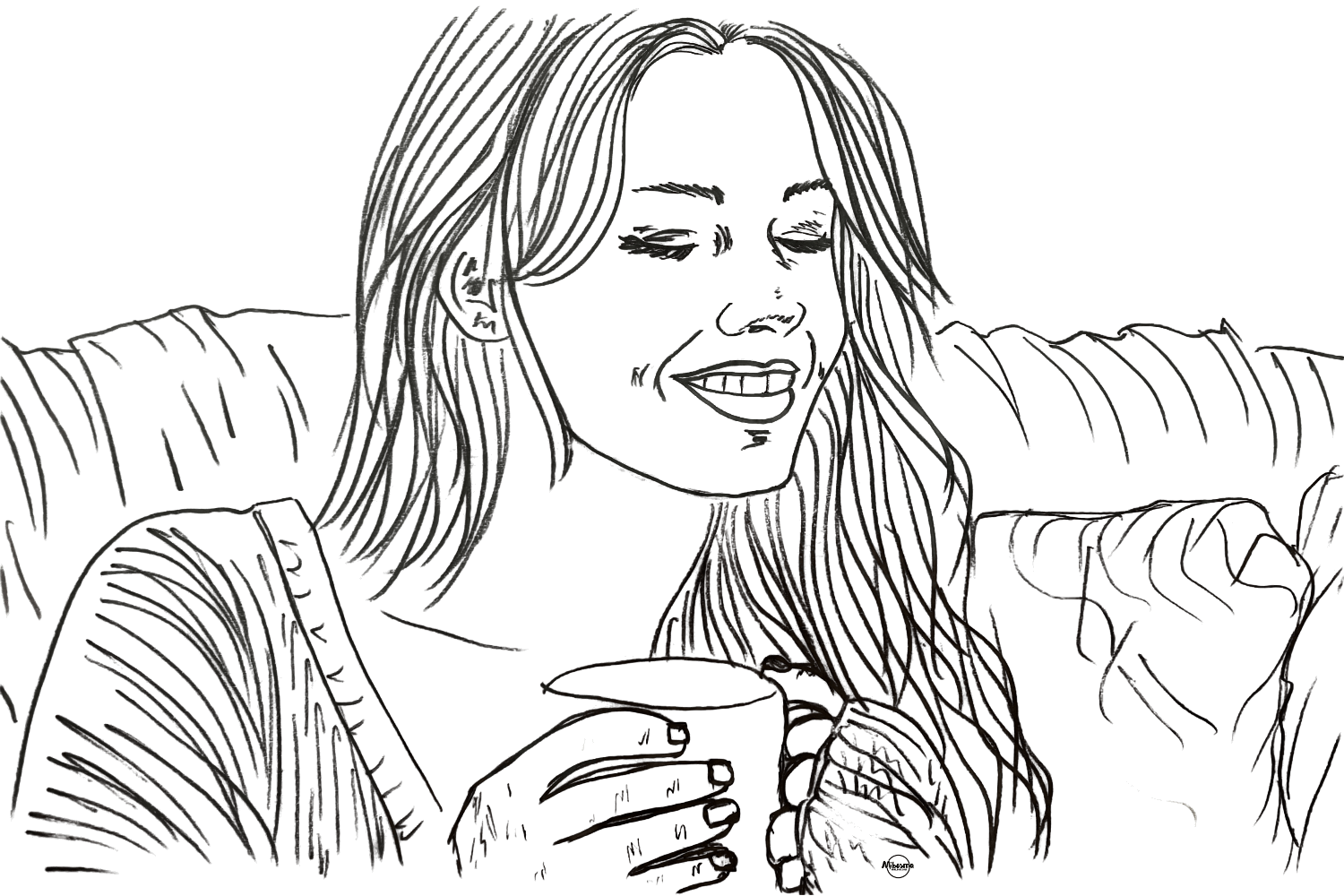 pencil sketch of a woman holding a cup of tea, peacefully enjoying the moment without explaining it