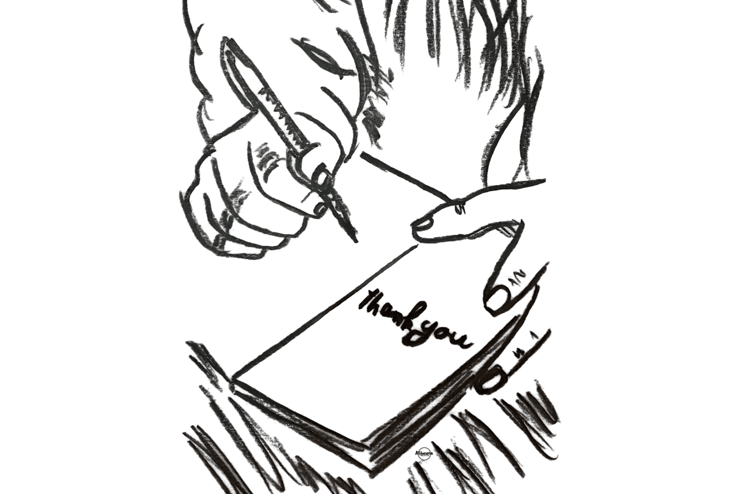 black and white pencil sketch of a hand writing in a journal, symbolizing practicing one's voice in a calm and safe internal space