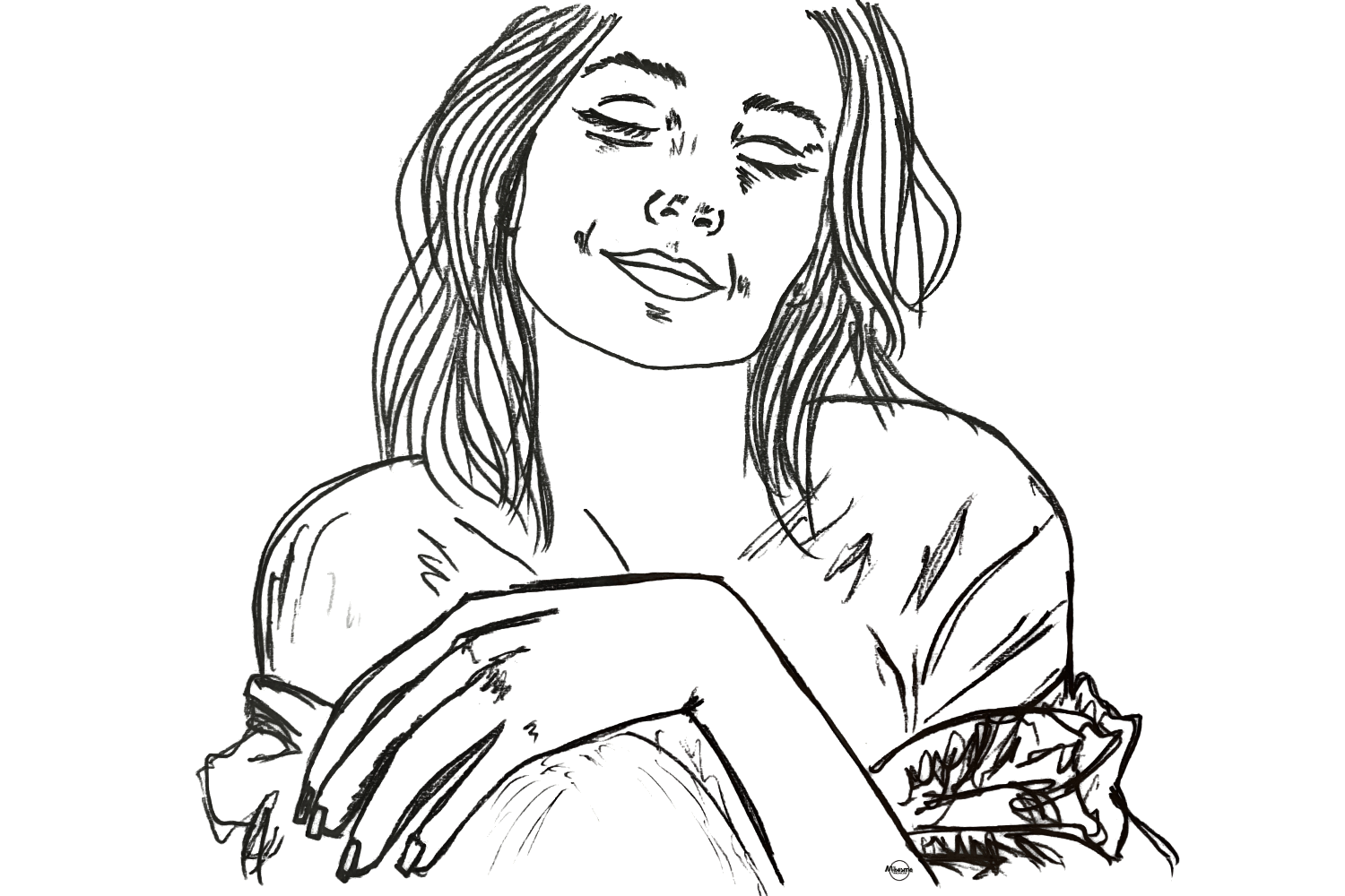 pencil sketch of a serene woman with eyes closed symbolizing joy that does not need to be productive or useful