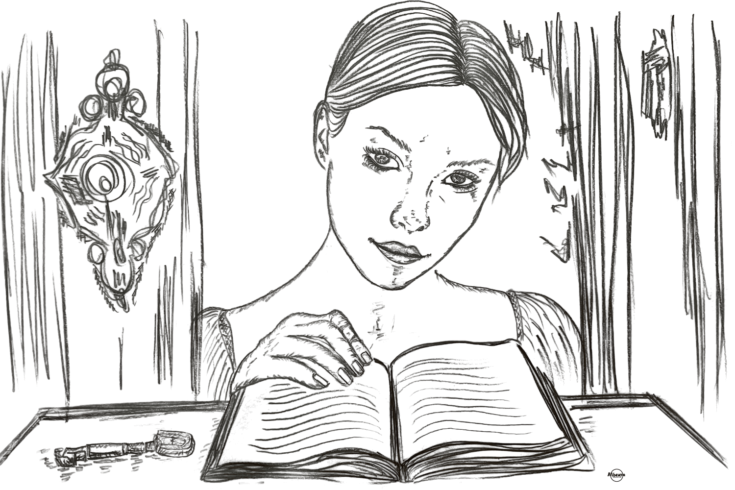 black and white illustration of a woman sitting quietly with her journal, symbolizing reclaiming her own narrative