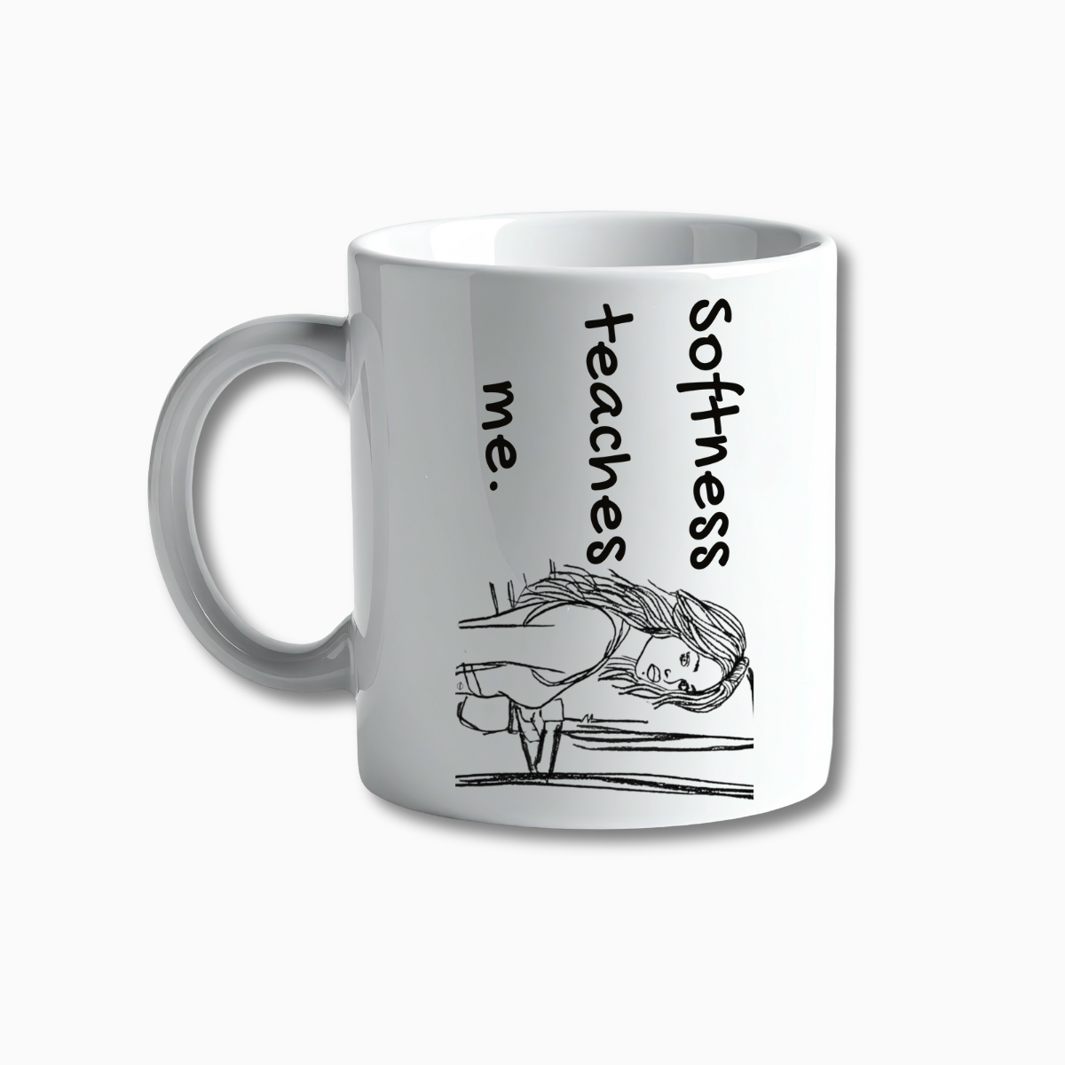 Mindful coffee mug — Softness Teaches Me minimal line art (Mibosma)