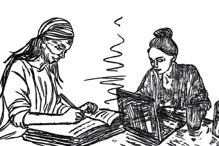 mental overload vs inner calm illustration, person journaling and another working on laptop, emotional contrast between reflection and constant mental activity