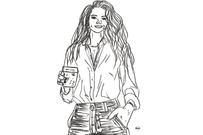 Woman smiling peacefully while holding a coffee, representing simple joy and happiness without needing a reason