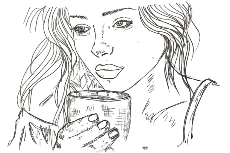 woman reflecting quietly while holding a cup, representing inner peace, emotional space, and calm within daily life